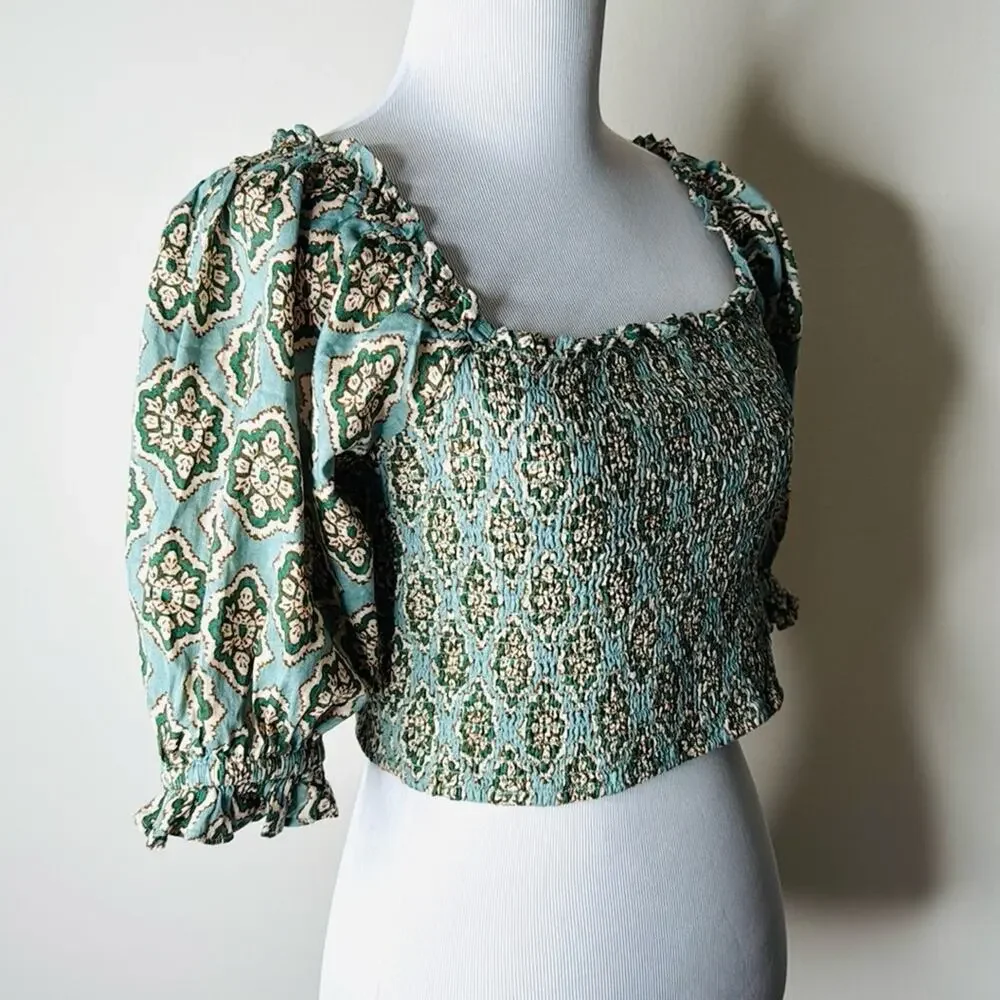 Zara Green Patterned Smocked Puff Sleeve Crop Top